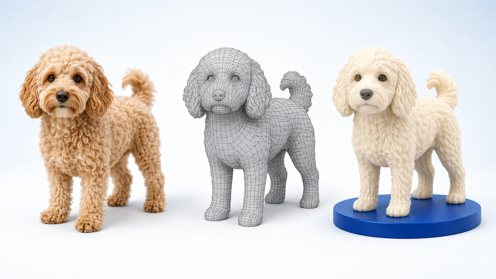 A pet photo transformed into a 3D model and a finished custom figurine